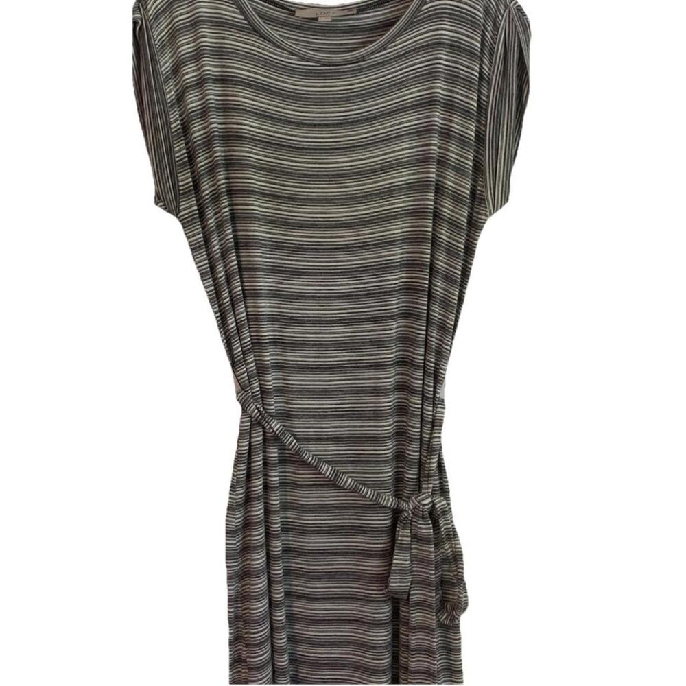Loft Womens Black & White Striped Belted Dress Cap Sleeves Size Medium Very Soft